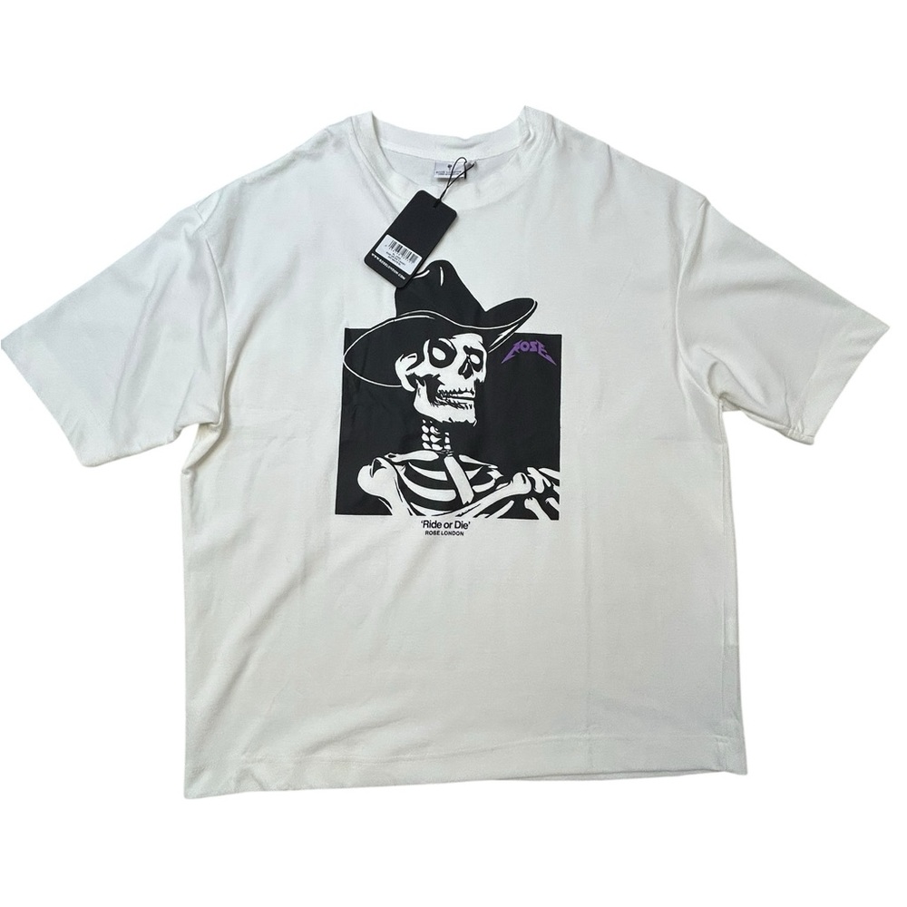 Rose London Ride or Die White Graphic‎ Skeleton XL T-Shirt Soft Streetwear NWT
